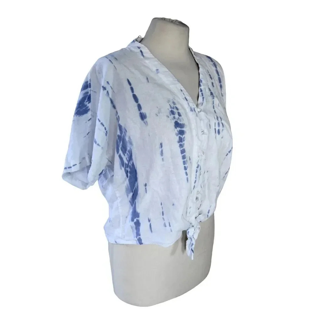 Rails Thea Blouse Cloud Tie Dye White Blue Linen Tied Front Revolve XS MSRP $148 - Picture 3 of 9